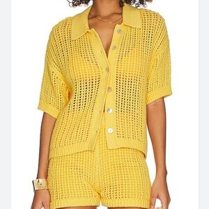 Bailey 44 Revolve Bright Yellow Knit Button-Up Top & Shorts Set Large